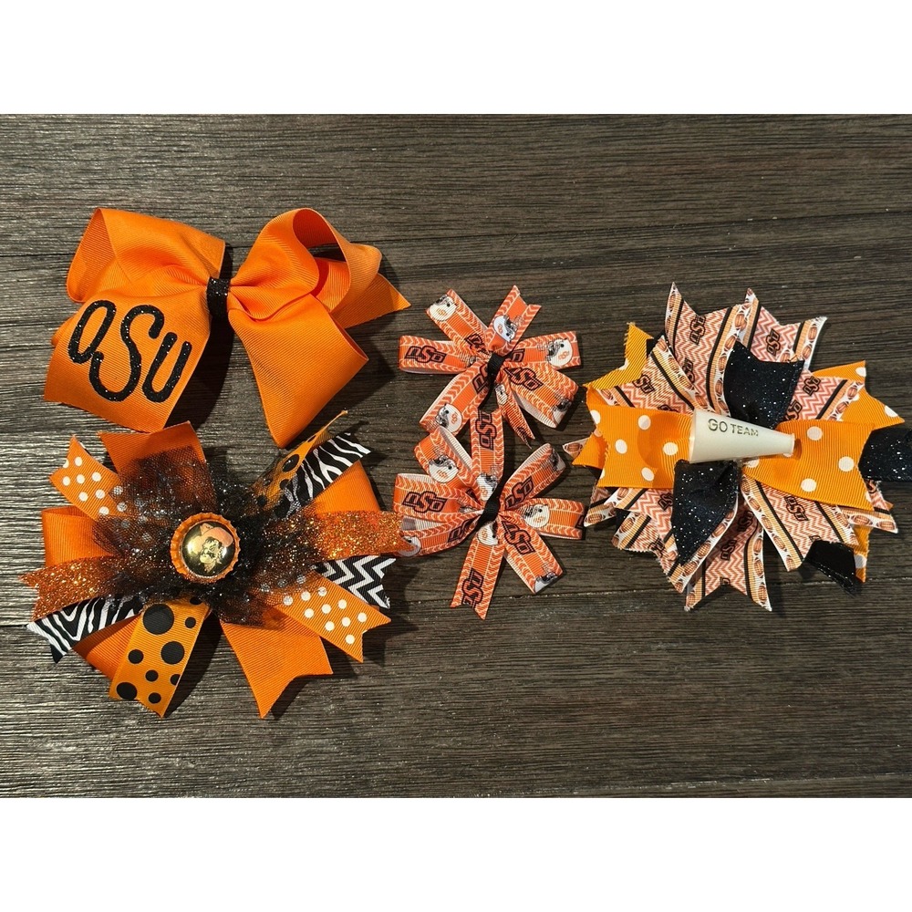 Oklahoma State University OSU Pokes Girls Lot Of 5 Hair Clip Bows Orange Black